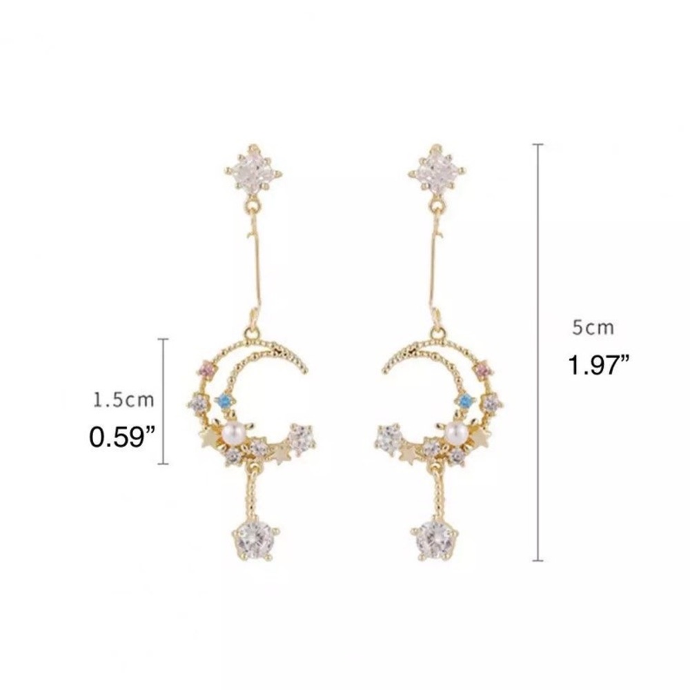 Moon and Star Earring, Celestial Pearl Earrings, Night Sky Drop Dangle - Picture 5 of 8